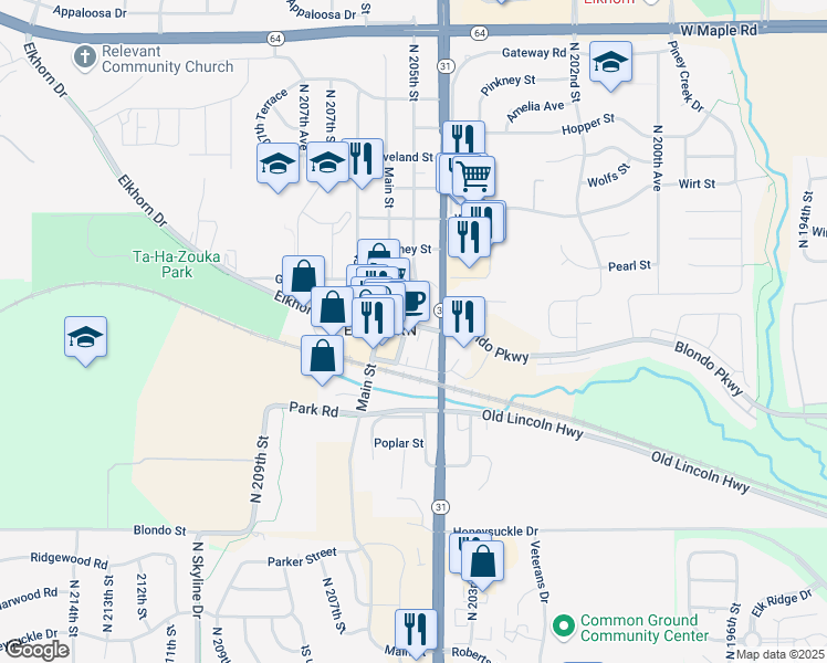 map of restaurants, bars, coffee shops, grocery stores, and more near 2627 North 205th Street in Omaha
