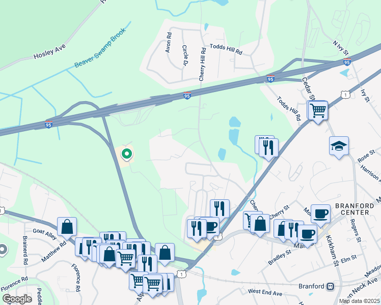 map of restaurants, bars, coffee shops, grocery stores, and more near 90 Cherry Hill Road in Branford