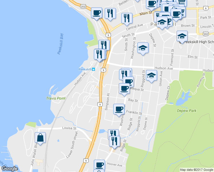 map of restaurants, bars, coffee shops, grocery stores, and more near 113 Requa Street in Peekskill