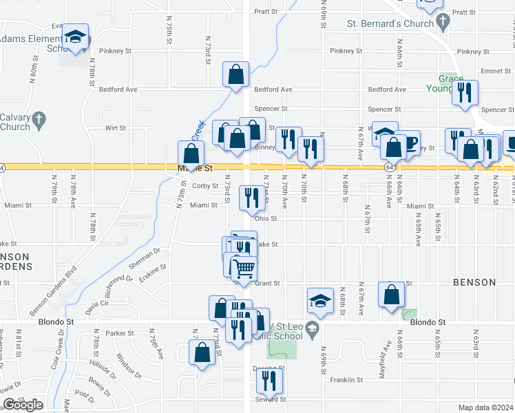 map of restaurants, bars, coffee shops, grocery stores, and more near 2614 North 71st Street in Omaha