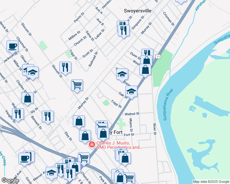 map of restaurants, bars, coffee shops, grocery stores, and more near 62 Oak Street in Forty Fort