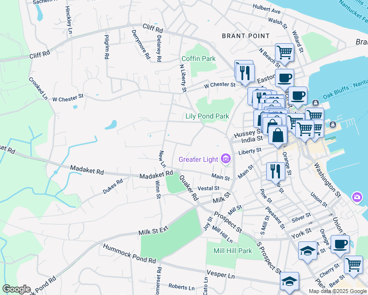 map of restaurants, bars, coffee shops, grocery stores, and more near 11 Barnabas Lane in Nantucket
