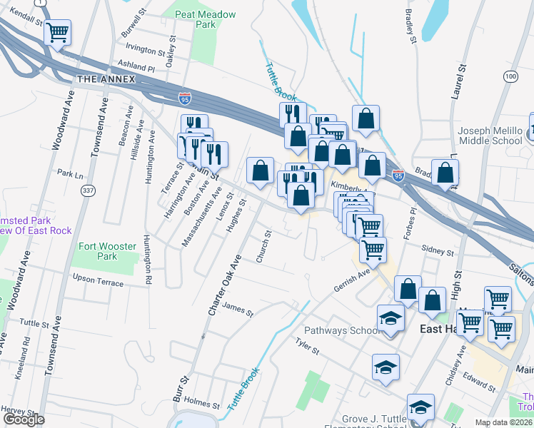 map of restaurants, bars, coffee shops, grocery stores, and more near 588 Main Street in East Haven