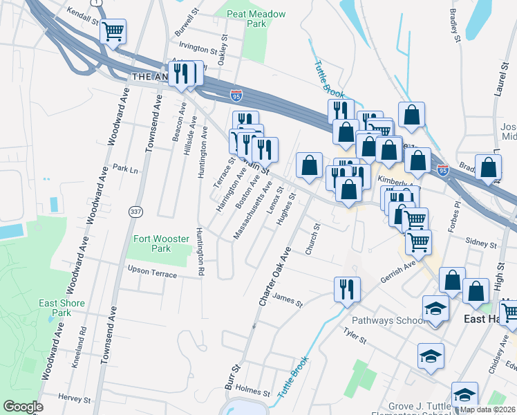 map of restaurants, bars, coffee shops, grocery stores, and more near 47 Massachusetts Avenue in East Haven