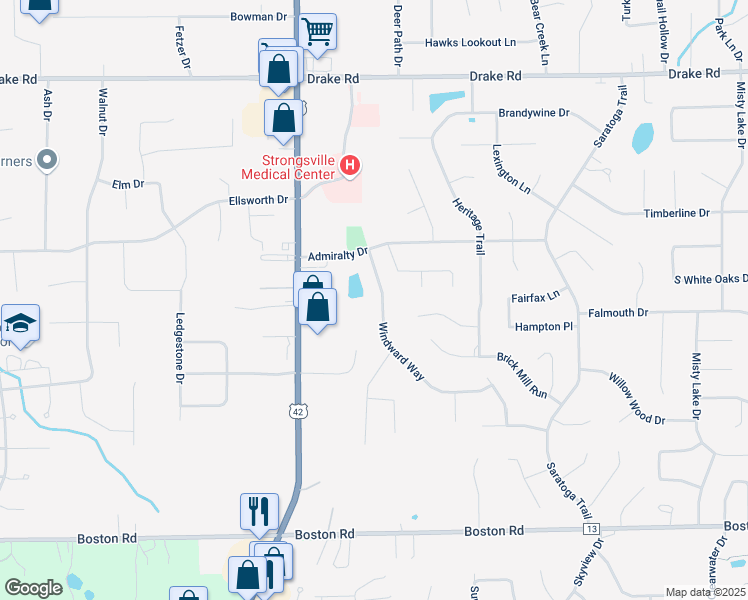 map of restaurants, bars, coffee shops, grocery stores, and more near 18768 Windward Way in Strongsville
