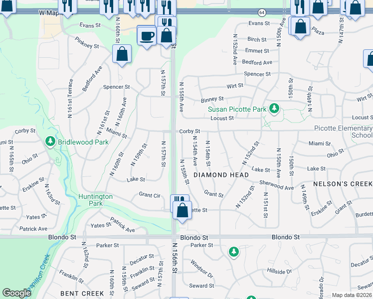 map of restaurants, bars, coffee shops, grocery stores, and more near 2612 North 155th Street in Omaha