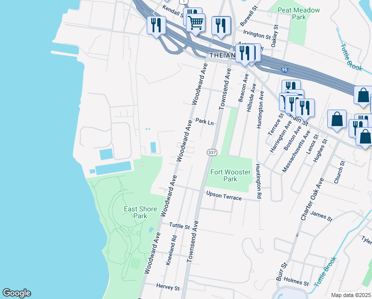 map of restaurants, bars, coffee shops, grocery stores, and more near 531 Woodward Avenue in East Haven