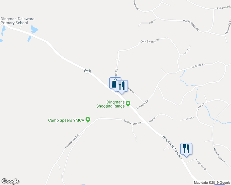 map of restaurants, bars, coffee shops, grocery stores, and more near 1394 Highway 739 in Dingmans Ferry