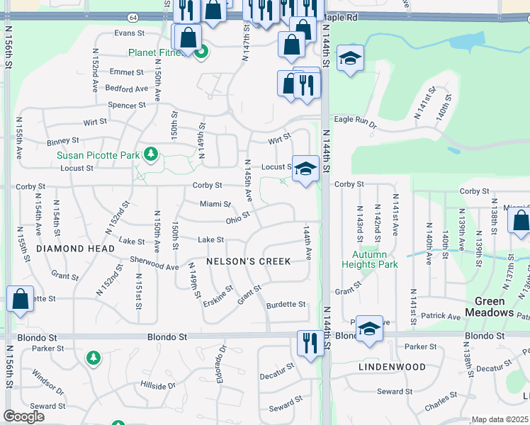 map of restaurants, bars, coffee shops, grocery stores, and more near 14535 Ohio Street in Omaha
