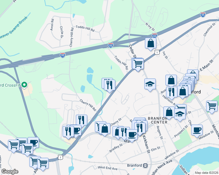 map of restaurants, bars, coffee shops, grocery stores, and more near 10 Grove Avenue in Branford