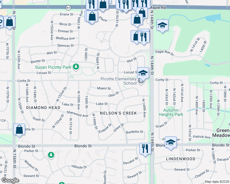 map of restaurants, bars, coffee shops, grocery stores, and more near 14566 Ohio St in Omaha