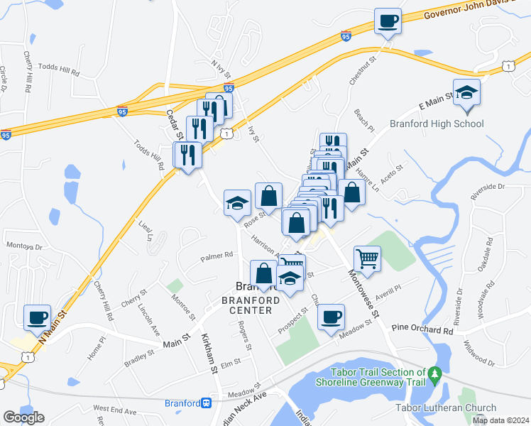 map of restaurants, bars, coffee shops, grocery stores, and more near 42 Park Place in Branford