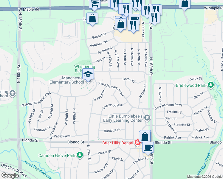 map of restaurants, bars, coffee shops, grocery stores, and more near 17104 Cady Circle in Omaha