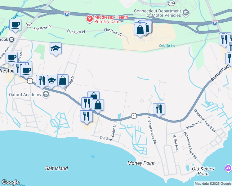 map of restaurants, bars, coffee shops, grocery stores, and more near 19 Stone Hedge Road in Westbrook
