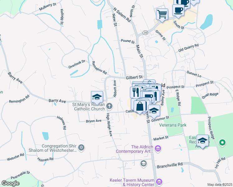 map of restaurants, bars, coffee shops, grocery stores, and more near 27 Abbott Avenue in Ridgefield