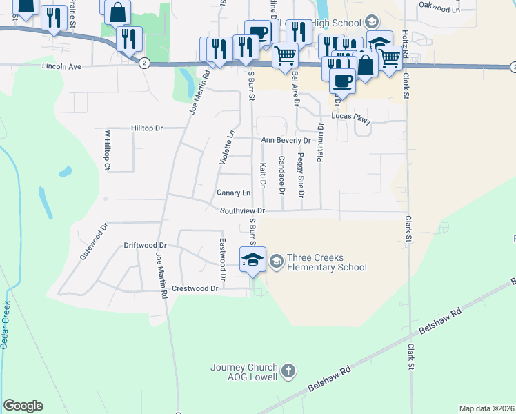 map of restaurants, bars, coffee shops, grocery stores, and more near 18484 Kaiti Drive in Lowell