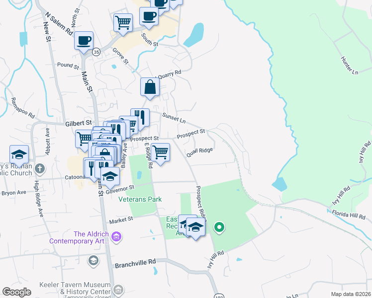 map of restaurants, bars, coffee shops, grocery stores, and more near 33 Quail Ridge in Ridgefield