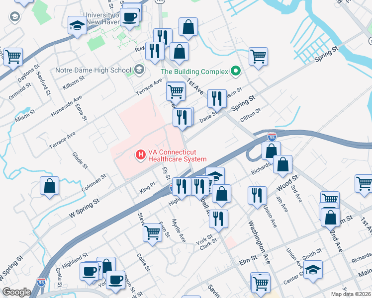 map of restaurants, bars, coffee shops, grocery stores, and more near Campbell Ave & W Spring St in West Haven