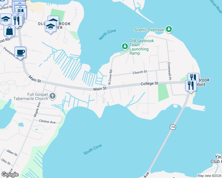 map of restaurants, bars, coffee shops, grocery stores, and more near 5B South Cove Road II in Old Saybrook
