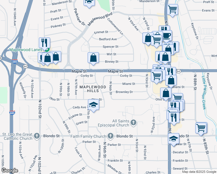 map of restaurants, bars, coffee shops, grocery stores, and more near 2656 North 96th Street in Omaha