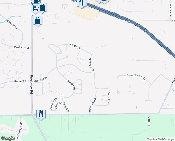 map of restaurants, bars, coffee shops, grocery stores, and more near 1701 Hamilton Drive in Broadview Heights