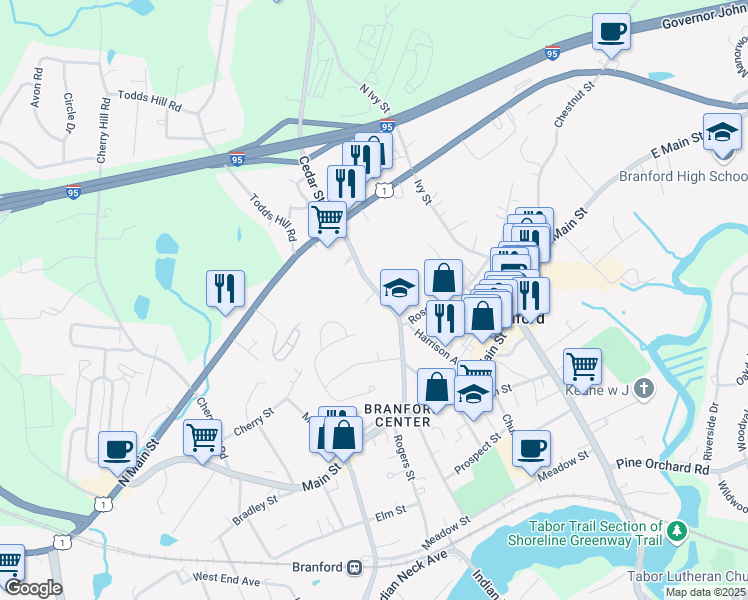 map of restaurants, bars, coffee shops, grocery stores, and more near 78 Cedar Street in Branford