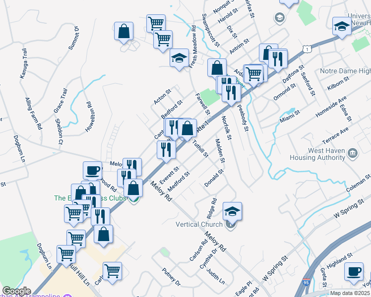 map of restaurants, bars, coffee shops, grocery stores, and more near 1012 Boston Post Road in West Haven
