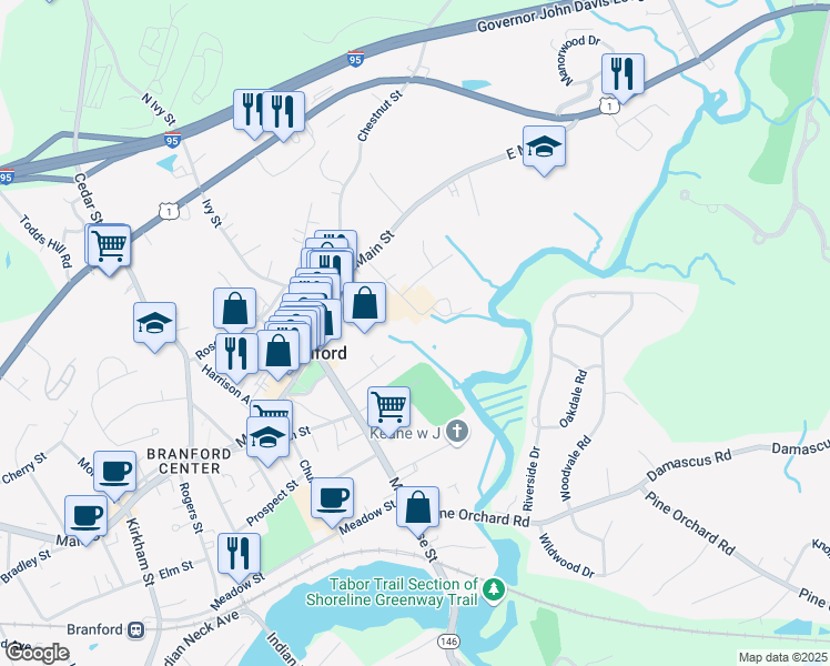 map of restaurants, bars, coffee shops, grocery stores, and more near 50 Bradley Avenue in Branford
