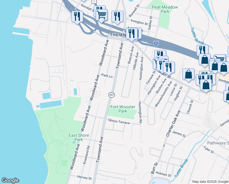 map of restaurants, bars, coffee shops, grocery stores, and more near 968 Townsend Avenue in New Haven