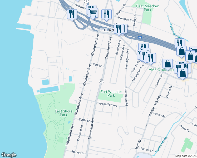 map of restaurants, bars, coffee shops, grocery stores, and more near 968 Townsend Avenue in New Haven