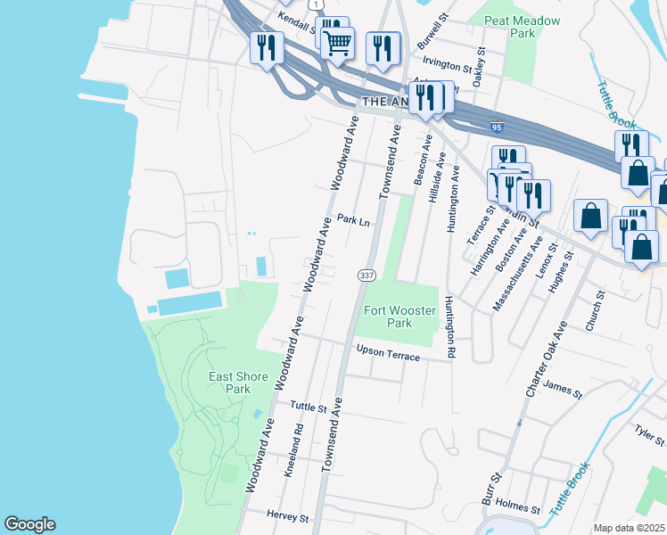 map of restaurants, bars, coffee shops, grocery stores, and more near 531 Woodward Avenue in East Haven