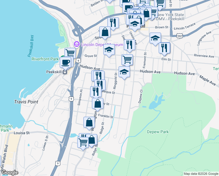 map of restaurants, bars, coffee shops, grocery stores, and more near 361 Dyckman Street in Peekskill