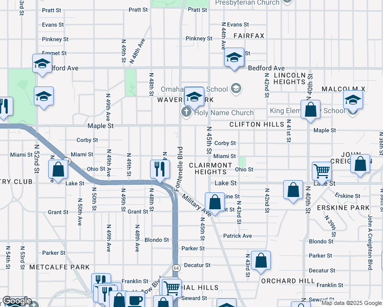 map of restaurants, bars, coffee shops, grocery stores, and more near 2474 North 45th Avenue in Omaha