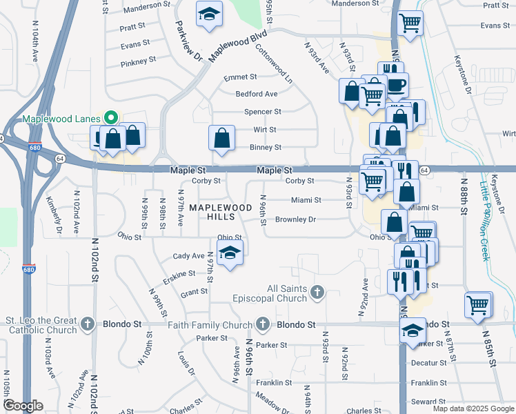 map of restaurants, bars, coffee shops, grocery stores, and more near 2656 North 96th Street in Omaha