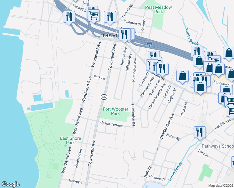 map of restaurants, bars, coffee shops, grocery stores, and more near 21 Beacon Avenue in New Haven