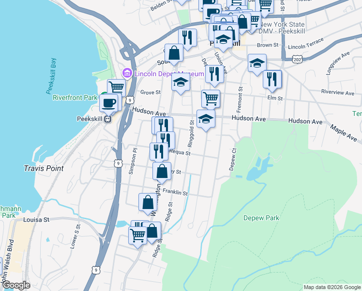map of restaurants, bars, coffee shops, grocery stores, and more near 361 Dyckman Street in Peekskill