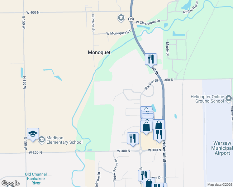 map of restaurants, bars, coffee shops, grocery stores, and more near 228 Beechnut Court in Warsaw