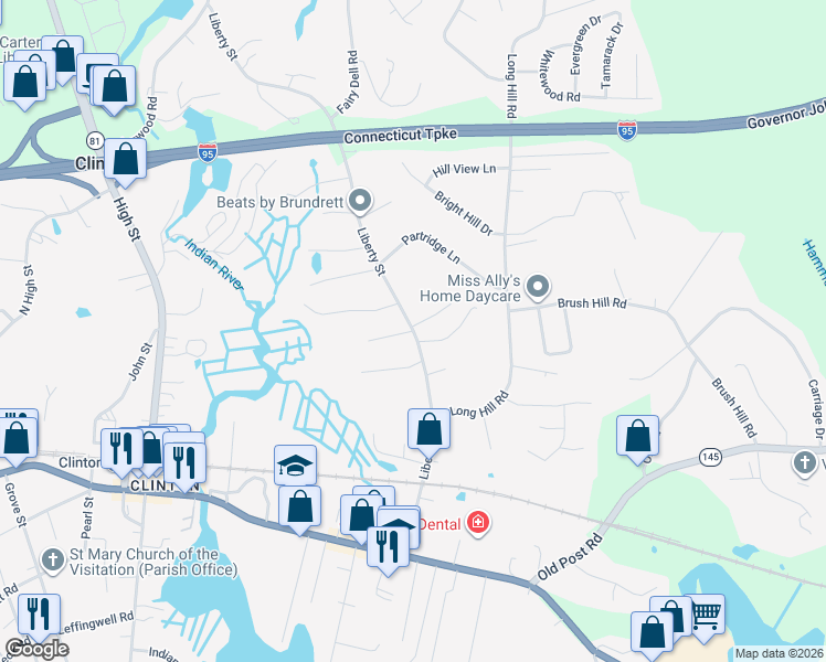 map of restaurants, bars, coffee shops, grocery stores, and more near 50 Liberty Street in Clinton