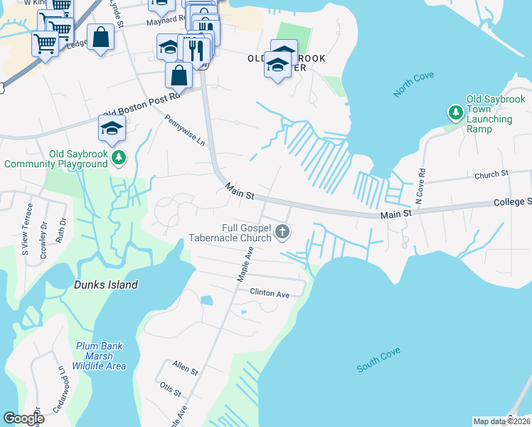 map of restaurants, bars, coffee shops, grocery stores, and more near 5 North Street in Old Saybrook