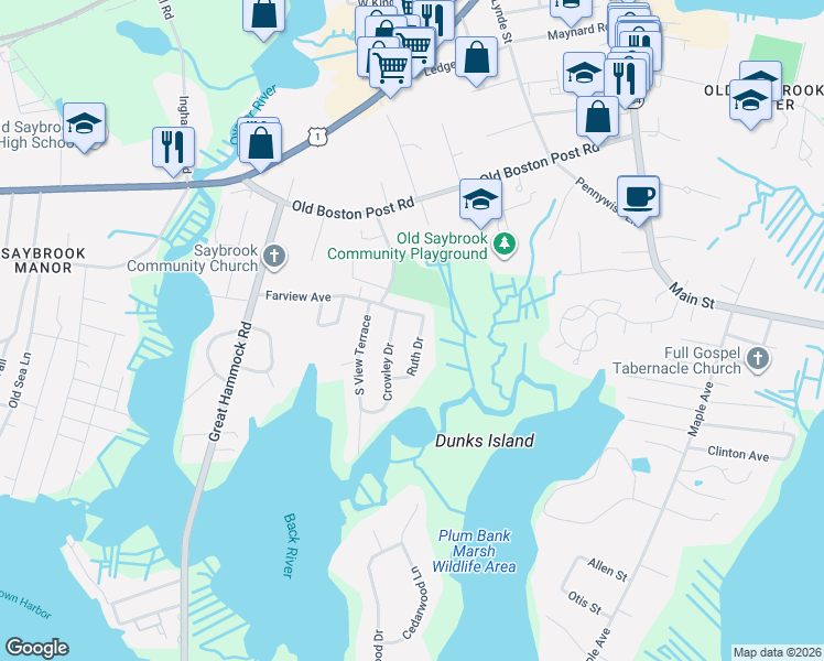 map of restaurants, bars, coffee shops, grocery stores, and more near 4 Ruth Drive in Old Saybrook