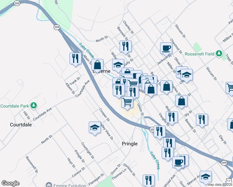 map of restaurants, bars, coffee shops, grocery stores, and more near 4 Mill St in Luzerne