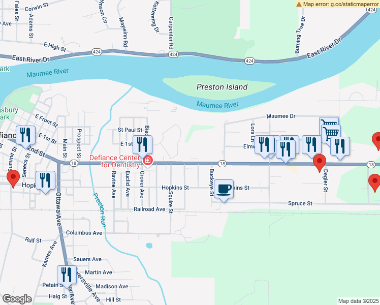 map of restaurants, bars, coffee shops, grocery stores, and more near 1400 East 2nd Street in Defiance