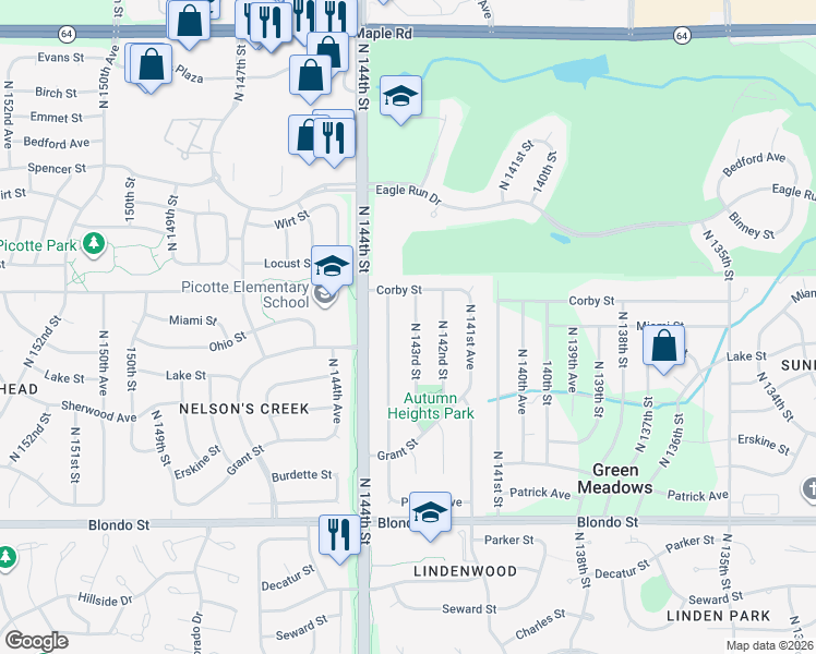 map of restaurants, bars, coffee shops, grocery stores, and more near 2523 North 143rd Street in Omaha
