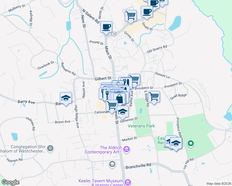 map of restaurants, bars, coffee shops, grocery stores, and more near 472 Main Street in Ridgefield