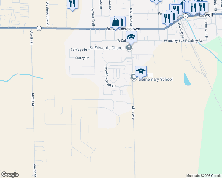 map of restaurants, bars, coffee shops, grocery stores, and more near 510 Creekside Drive in Lowell