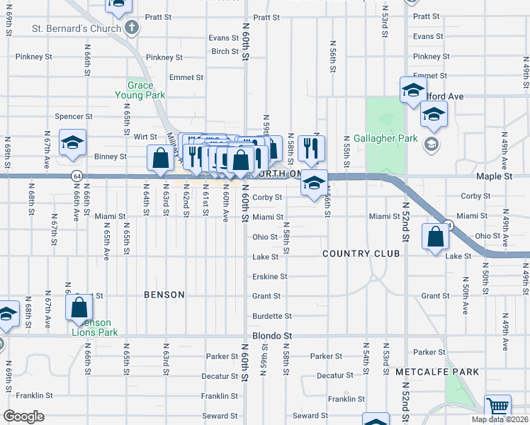 map of restaurants, bars, coffee shops, grocery stores, and more near 5815 Miami Street in Omaha