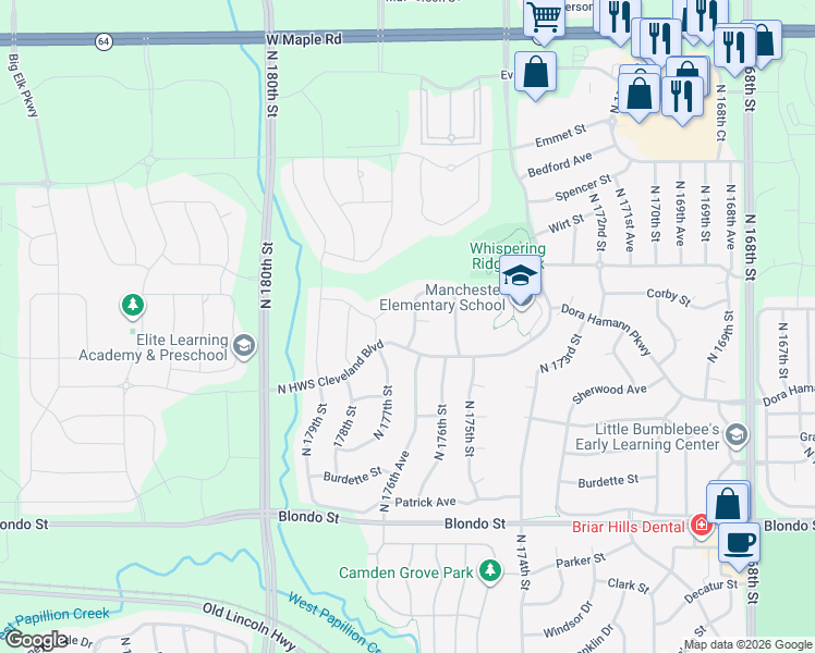 map of restaurants, bars, coffee shops, grocery stores, and more near 2676 North HWS Cleveland Boulevard in Omaha