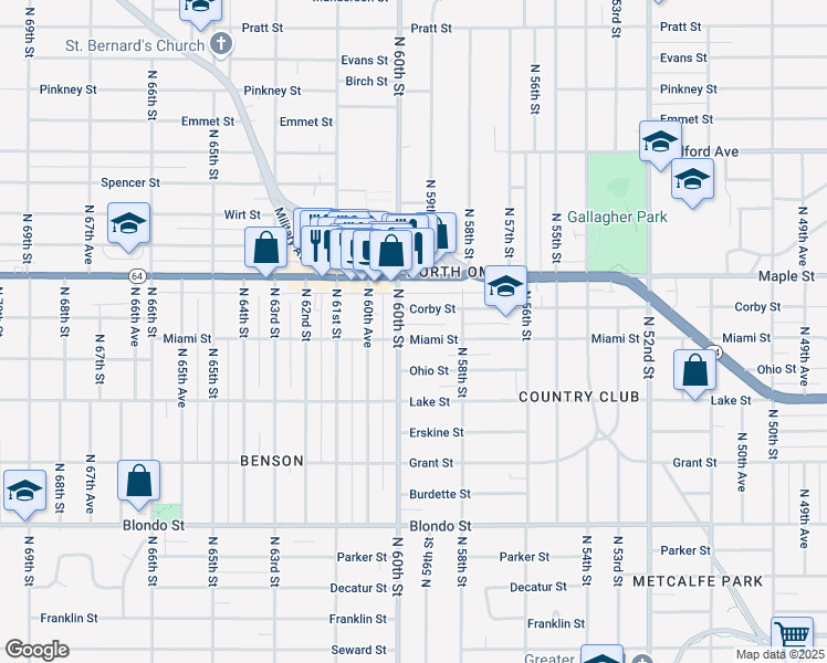 map of restaurants, bars, coffee shops, grocery stores, and more near 2623 North 60th Street in Omaha