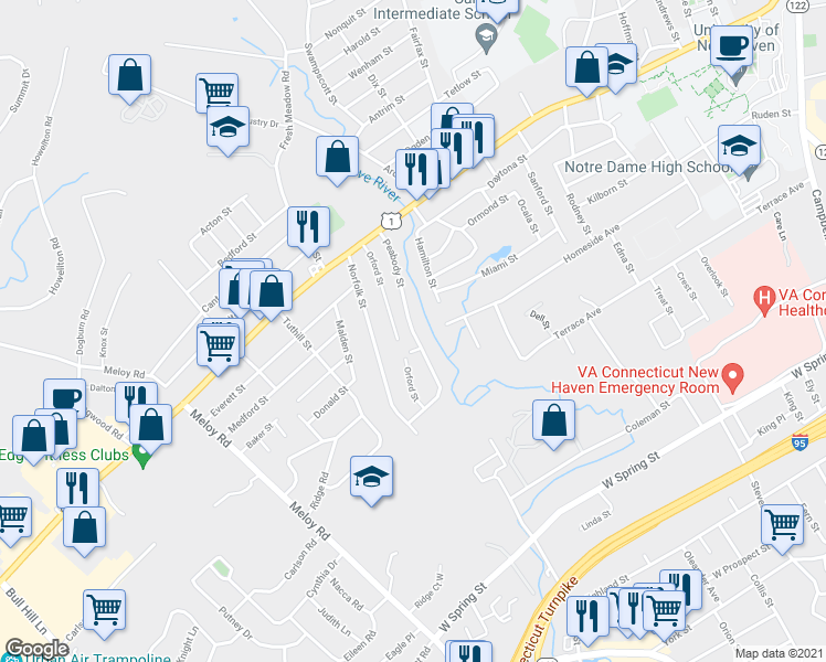 map of restaurants, bars, coffee shops, grocery stores, and more near 112 Peabody Street in West Haven