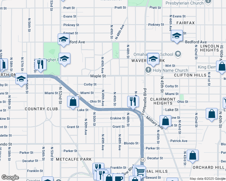 map of restaurants, bars, coffee shops, grocery stores, and more near 4915 Miami Street in Omaha